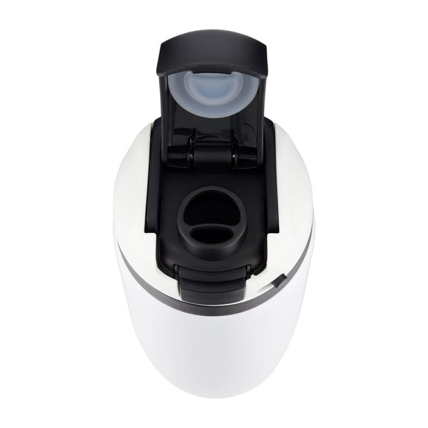 A drink bottle in white with a black lid, featuring a flip-top spout and a built-in straw opening.