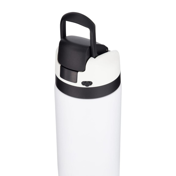 A drink bottle in white with a black lid and handle, featuring a simple design and a logo.
