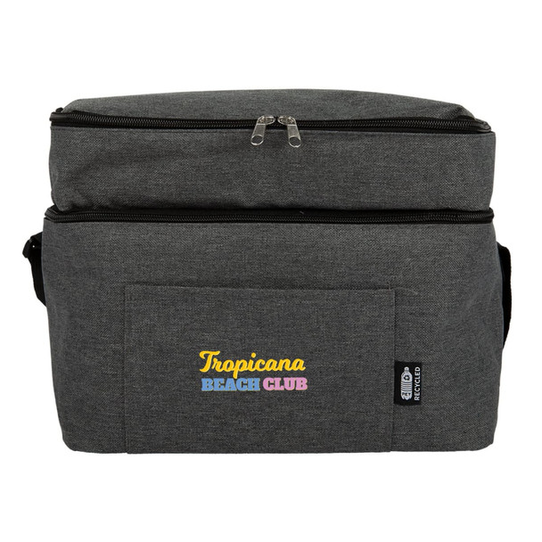 A drink bottle cooler bag in grey fabric with a zipped top and a front pocket. It features a logo.