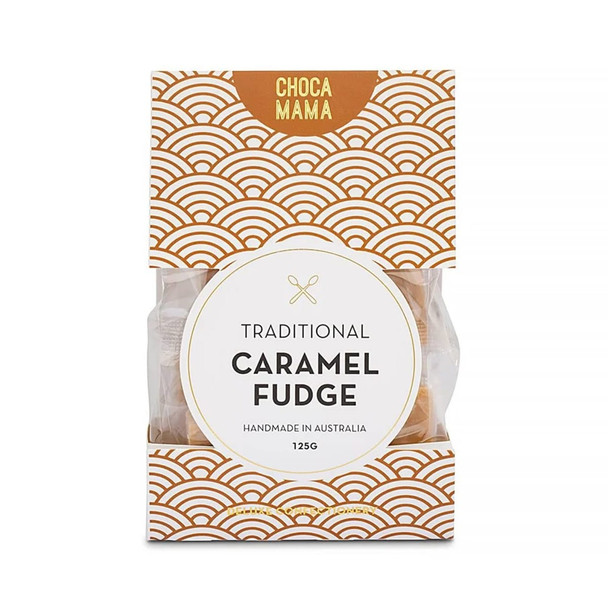 A package of traditional caramel fudge, featuring a decorative gold and white design, containing 125g of fudge.