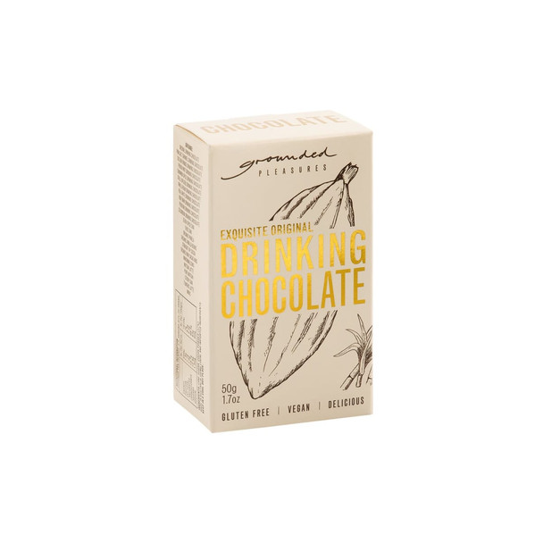 A box of drinking chocolate with a light beige background, featuring illustrations of cocoa pods. It has a logo.