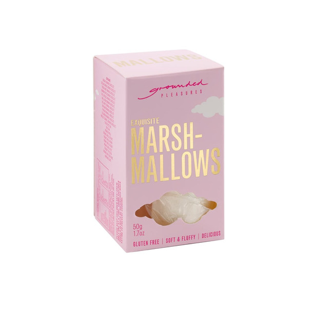 A pink box containing exquisite marshmallows, featuring fluffy white treats inside. The box has a logo and gluten-free label.