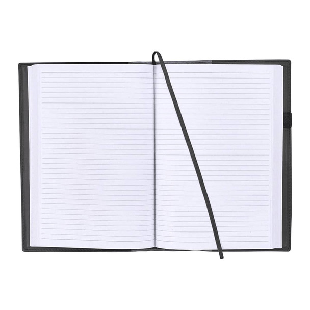 A refillable journal with a black leather cover, featuring lined pages and a ribbon bookmark.
