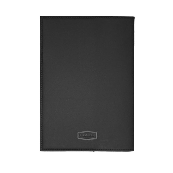 A black leather refillable journal with a embossed logo on the cover. Ideal for note-taking or journaling.