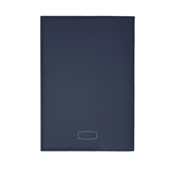 A navy blue leather refillable journal with a smooth finish and a logo on the cover.