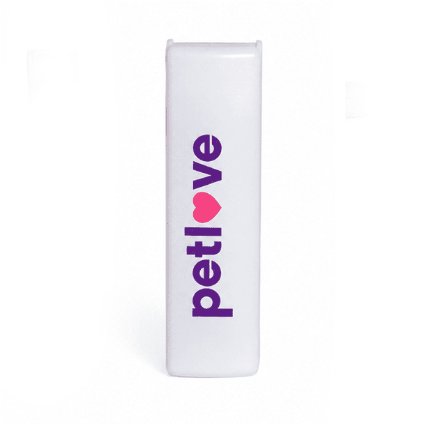A white lint remover with a logo featuring the words "petlove" in purple and a heart icon.