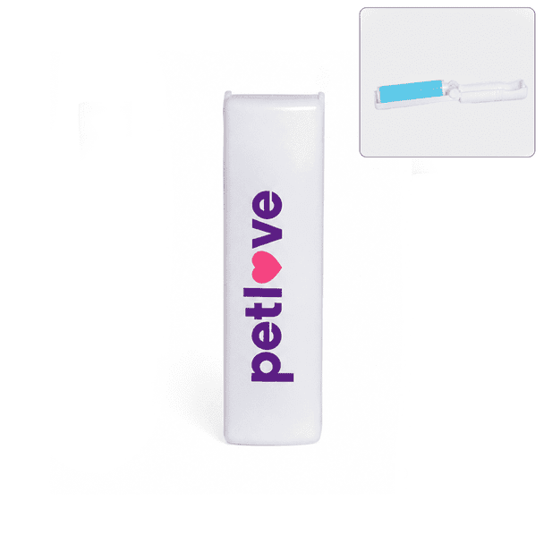 A white lint remover with a blue roller, featuring a branding logo. Ideal for pet hair removal.