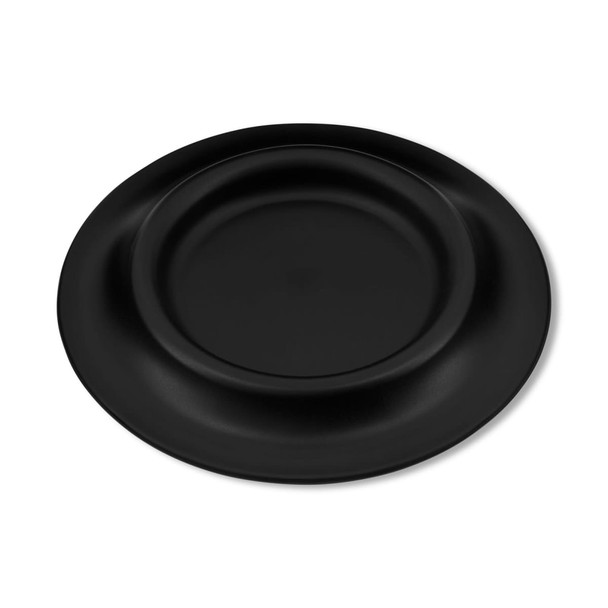A black pet bowl with a rounded shape and raised edge, featuring a smooth surface. Includes a logo.