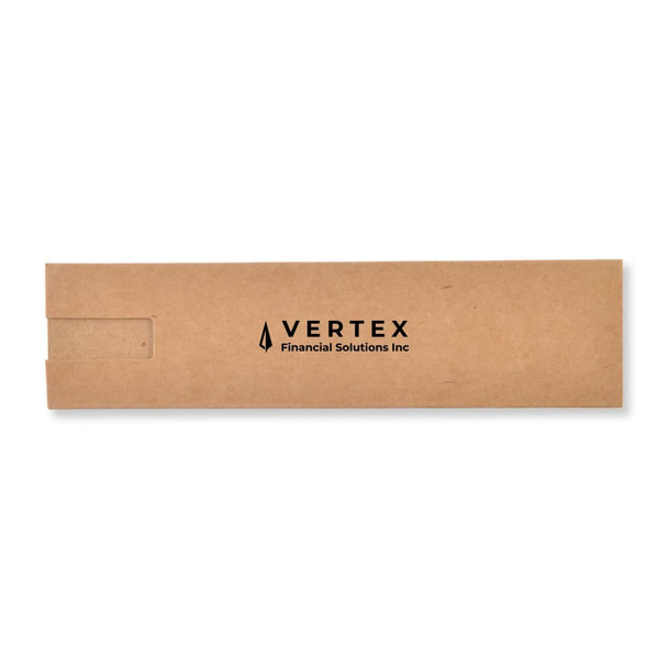 A rectangular cardboard box featuring a logo, in a natural brown colour, with a flap for opening.