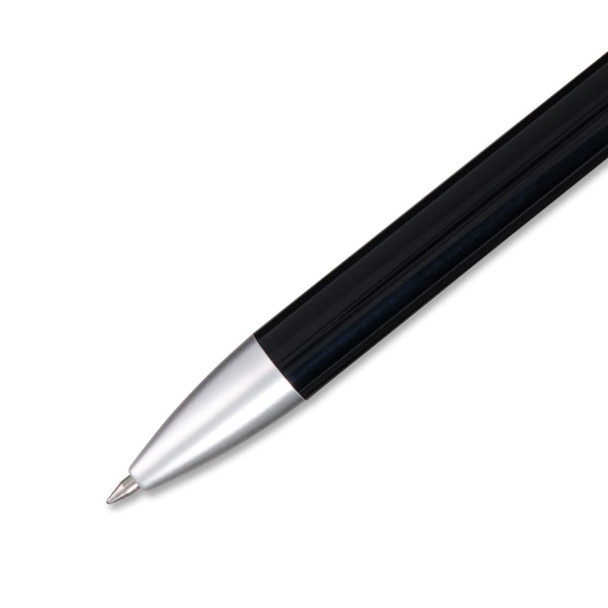 A black gel ink pen with a silver tip and a sleek design, featuring a branding logo.