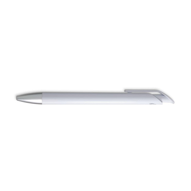 A white gel ink pen featuring a silver clip and trim, with a sleek and modern design.