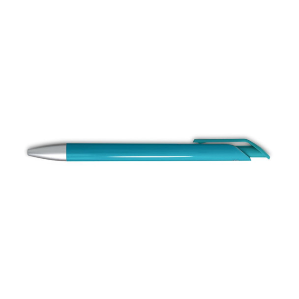 A turquoise gel ink pen with a silver tip and a sleek design, featuring a branding logo.