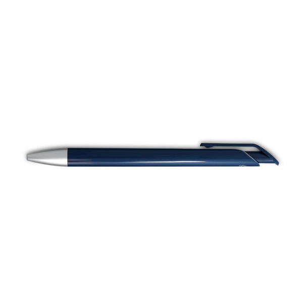 A navy blue gel ink pen with a white tip and a clip. It features a sleek design and a branding logo.