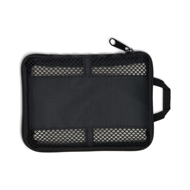 A black zippered pouch with a mesh front and a handle, suitable for organising small items.