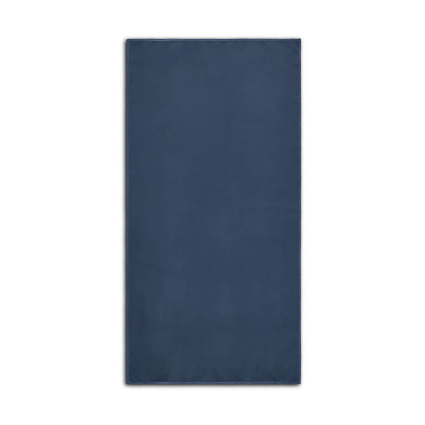A dark blue sports towel features a smooth texture and includes a logo.