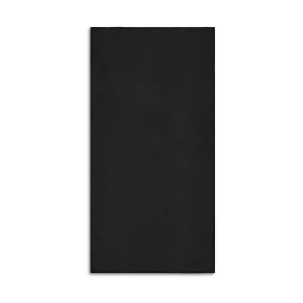 A black sports towel with a smooth texture and a logo, designed for promotional use.