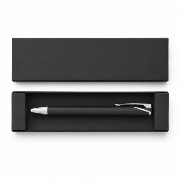 A black gel ink pen with a silver clip, presented in a black box without additional markings.