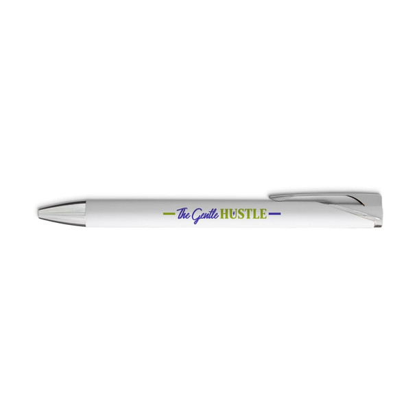 A white gel ink pen with a silver nib and a logo printed on the barrel.