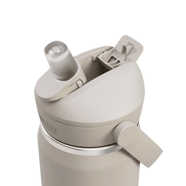 A drink bottle in a light beige colour featuring a flip straw and a secure lid, with a logo on the side.