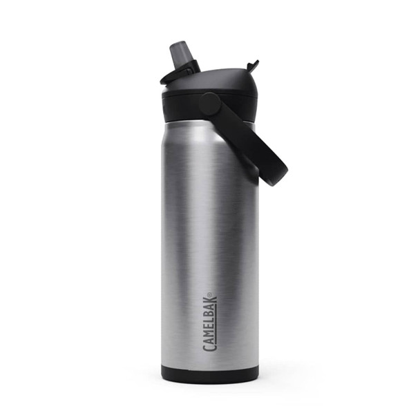 A drink bottle in stainless steel with a black flip straw and a handle, featuring a logo.