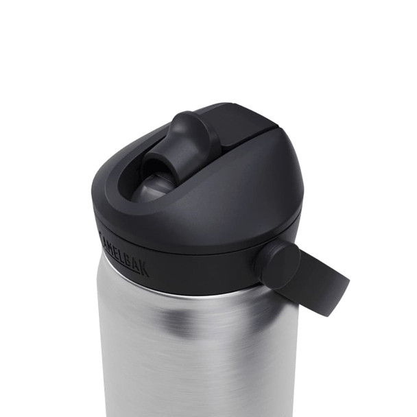 A drink bottle in stainless steel with a black lid and flip straw, featuring a logo on the side.