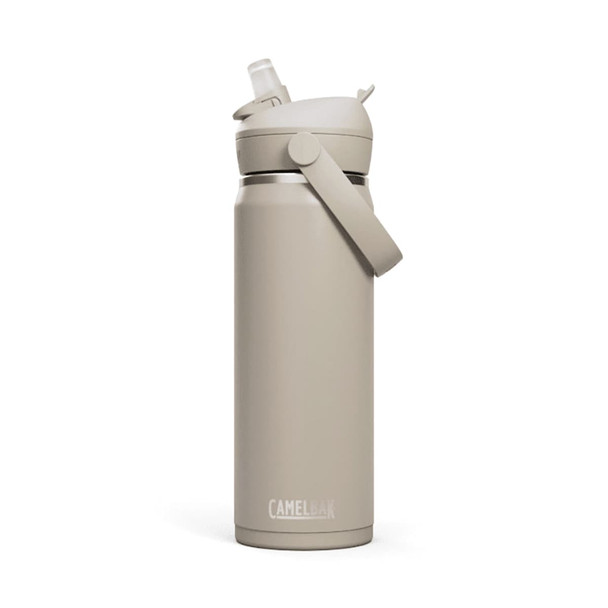 A drink bottle in a light beige colour with a flip straw and a side handle, featuring a logo.