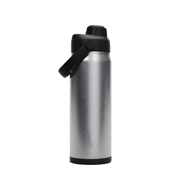 A drink bottle with a stainless steel finish and a black lid and handle. It has a logo on the side.