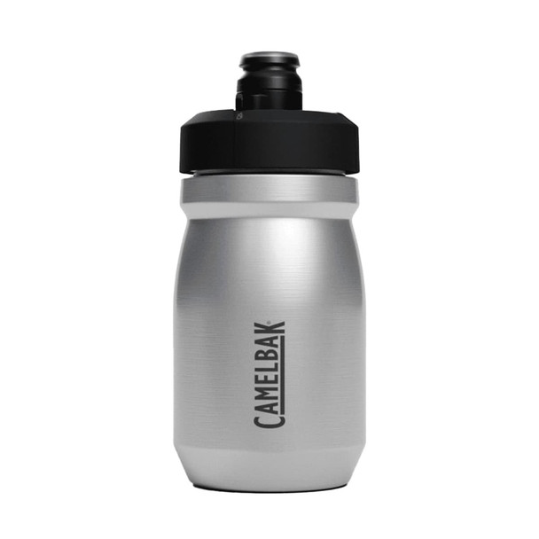 A drink bottle made of stainless steel, featuring a black cap and a CamelBak logo on the side.