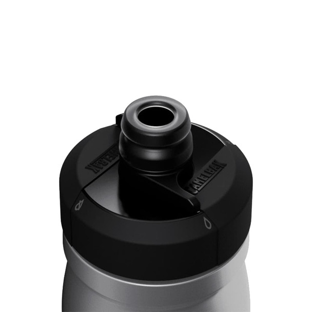 A drink bottle with a stainless steel body and a black, spill-proof cap, featuring a logo.