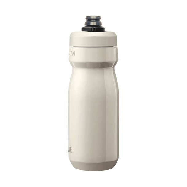 A drink bottle in a matte light grey finish with a black lid, featuring a logo on the side.