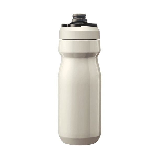 A drink bottle in a light cream shade with a black lid and a logo, designed for insulation.