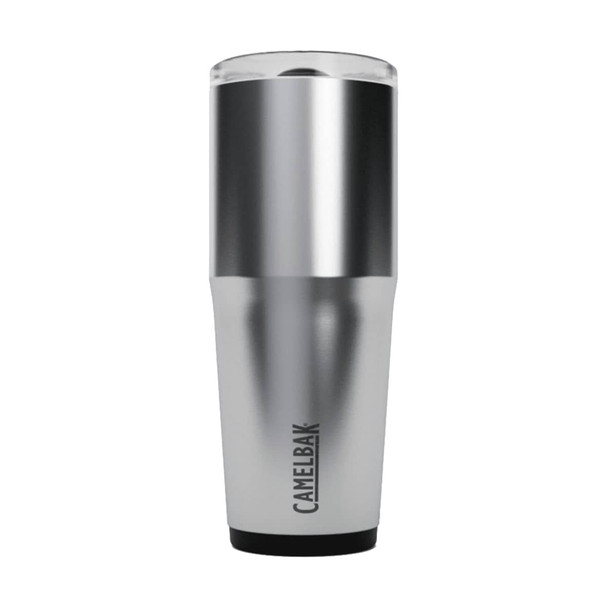 A drink bottle featuring a silver body with a black base, topped with a clear lid and a brand logo.