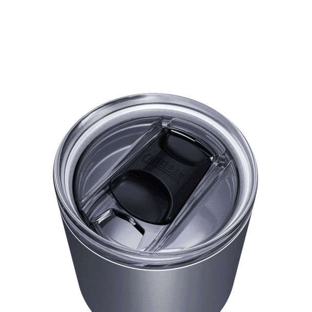 A drink bottle with a silver finish and a clear lid featuring a black sliding closure.