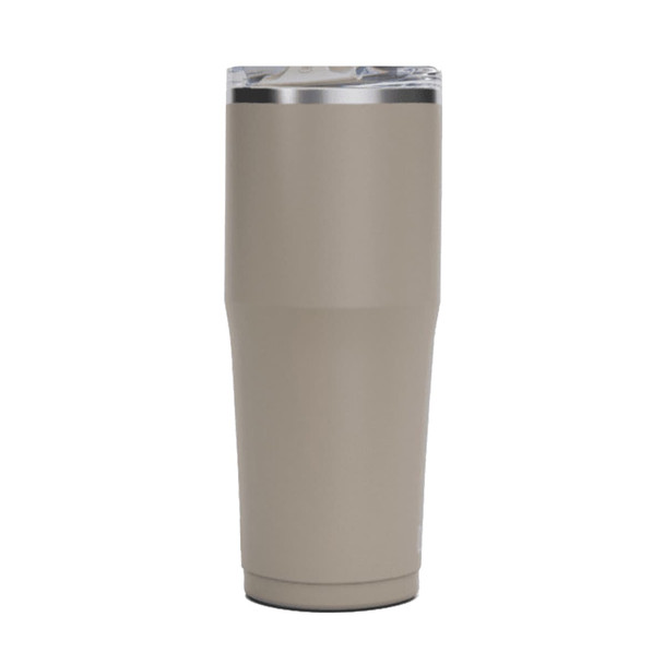 A drink bottle in a taupe colour with a stainless steel lid and a clear top, featuring a logo.