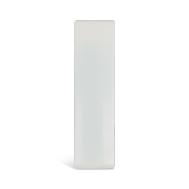 A white mini lint roller with a smooth surface, featuring a logo on one side.
