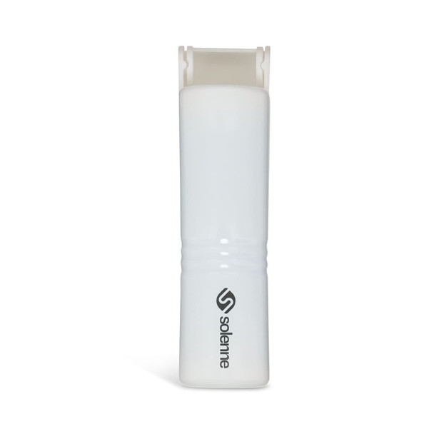 A white mini lint roller with a logo, featuring a compact design for easy handling.