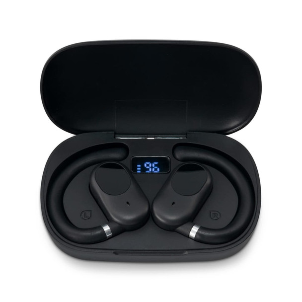 Black ear buds sitting in a charging case, featuring a digital display on the inside of the lid.