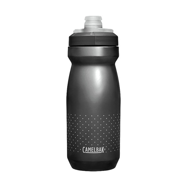 A drink bottle in grey with a dotted grip pattern and a cap, featuring a branding logo.