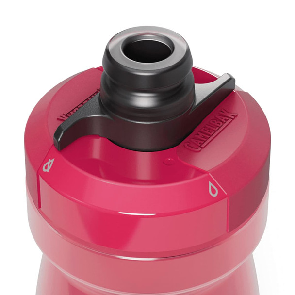 A drink bottle in bright pink with a black nozzle, featuring an integrated spout and a logo on the side.