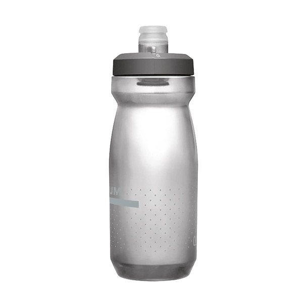 A drink bottle in clear plastic with a grey cap and nozzle, featuring a dotted design and a branding logo.