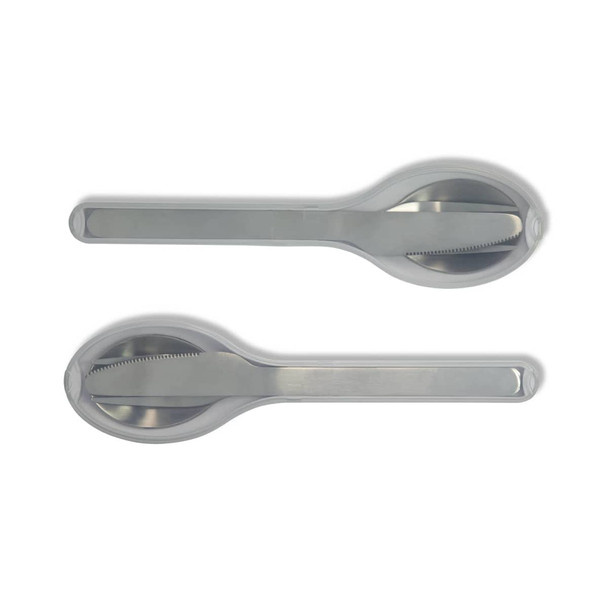 A cutlery set with stainless steel utensils, featuring a knife, fork, and spoon, stored in a sleek, transparent case.