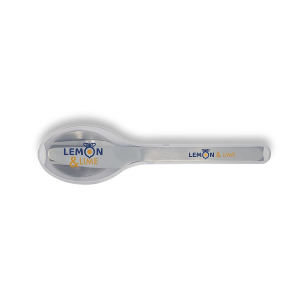 A stainless steel spoon with a blue and yellow logo featuring "LEMON & LIME." The handle is sleek and curved.