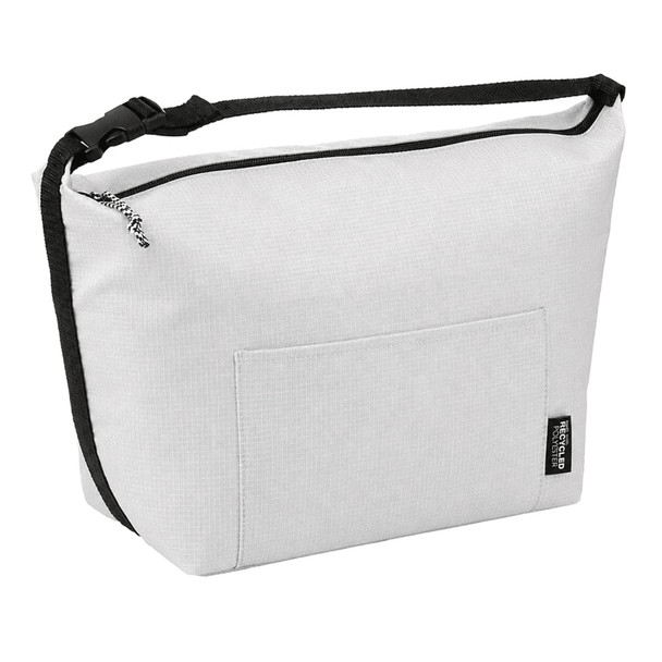 A grey cooler bag with a black trim and an external pocket, featuring a shoulder strap and a zip closure.