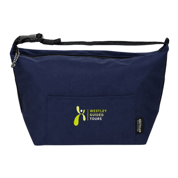 A navy blue cooler bag with a zipper, featuring a front pocket and a logo. Made from recycled materials.