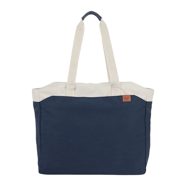 A navy blue and cream tote bag with dual handles and a logo. Spacious design suitable for carrying items.