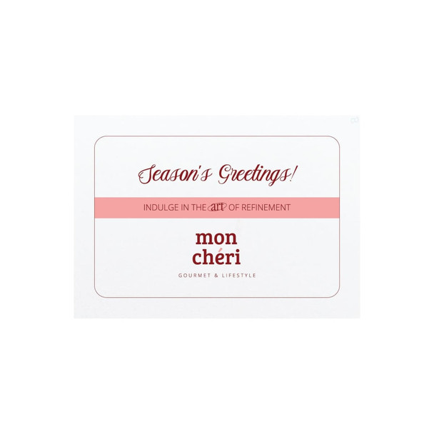 A rectangular card featuring a white background with red text and a logo. The design conveys a festive greeting.