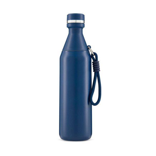 A drink bottle in navy blue, featuring a sleek design and a carrying strap, with a logo on the surface.