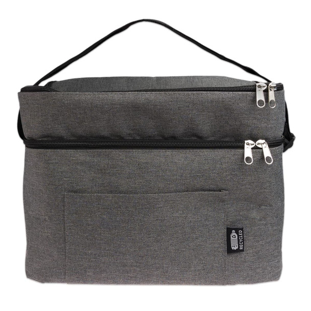 A grey zippered bag with a handle, featuring a front pocket and a logo on the side.
