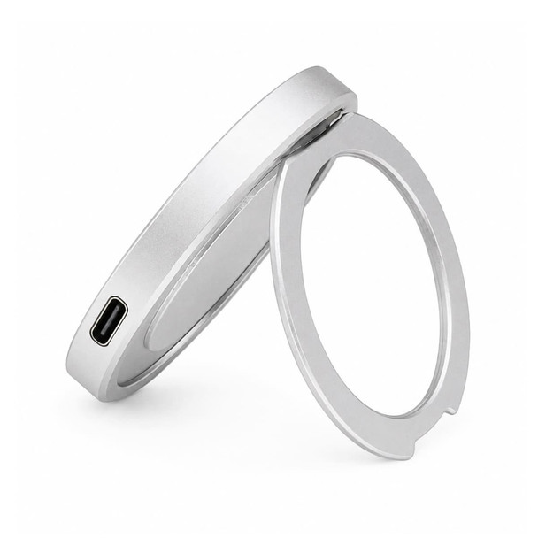 A magnetic phone and watch charger with a stand, featuring a sleek silver design and a USB-C port.