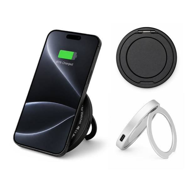 A black and silver wireless charger with a stand, featuring a smartphone displaying a charging status.